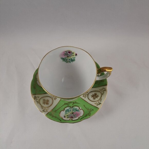 Thames Green Bone China Floral Tea Cup Saucer Gold Trimmed Vintage - Picture 15 of 16